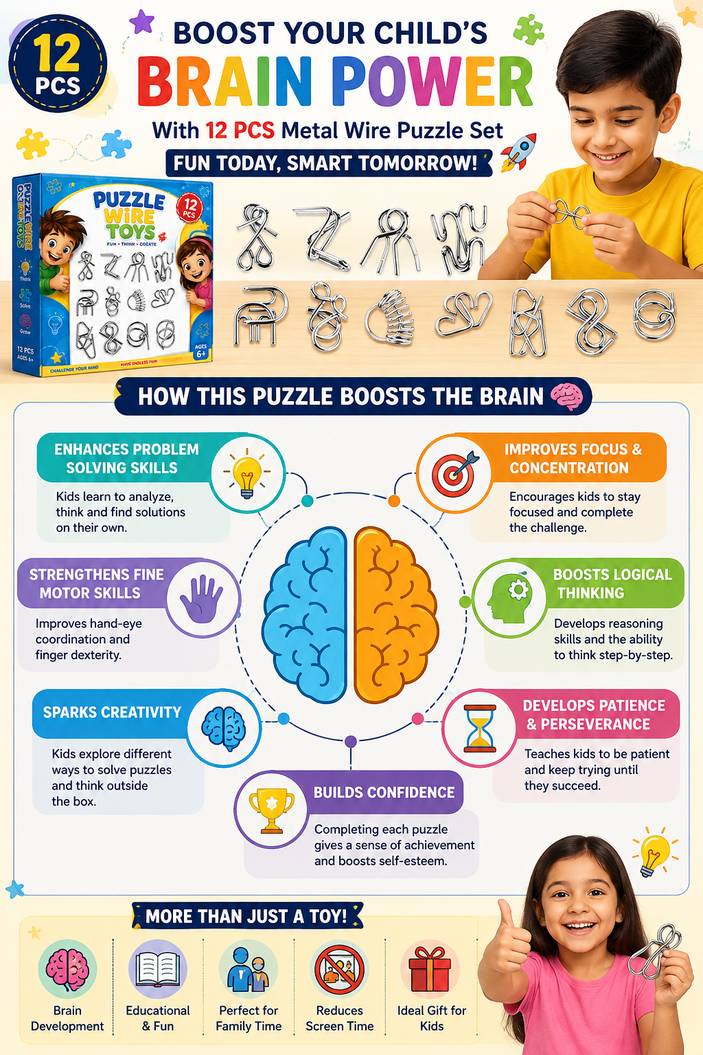 Metal Brain Teaser Puzzle Set, 12-Piece Combo Pack 3D Puzzle Toy for Kids