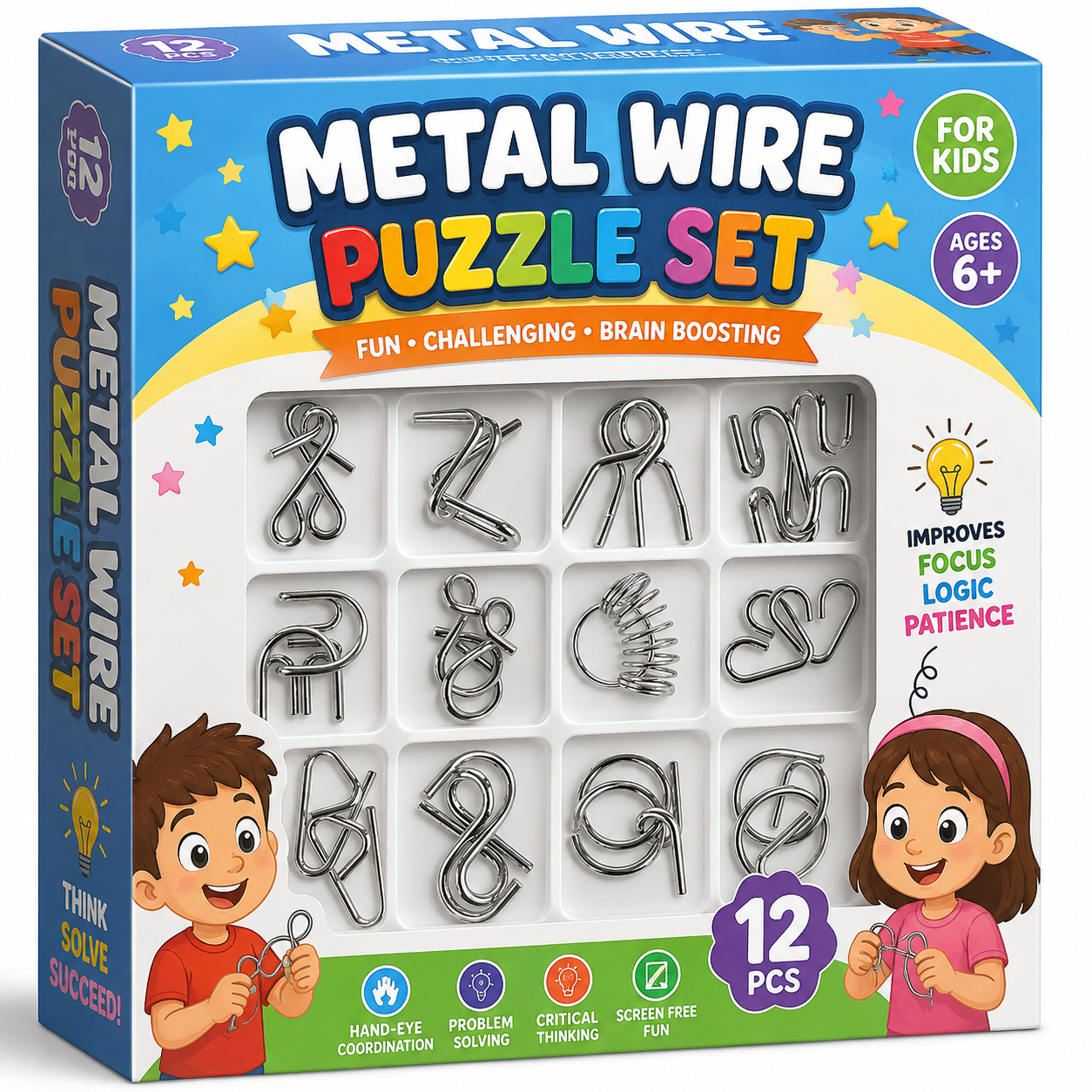 Metal Brain Teaser Puzzle Set, 12-Piece Combo Pack 3D Puzzle Toy for Kids