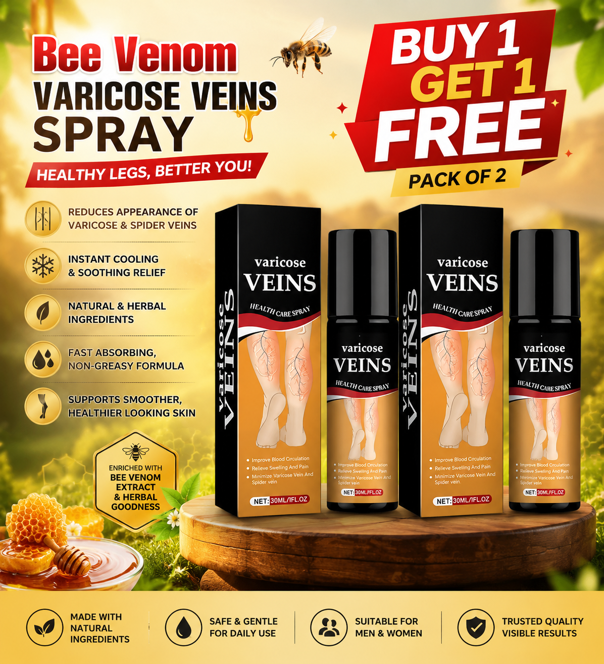 Bees Venom Spray Natural Relief For Varicose Veins & Spider Veins (Pack Of 2)