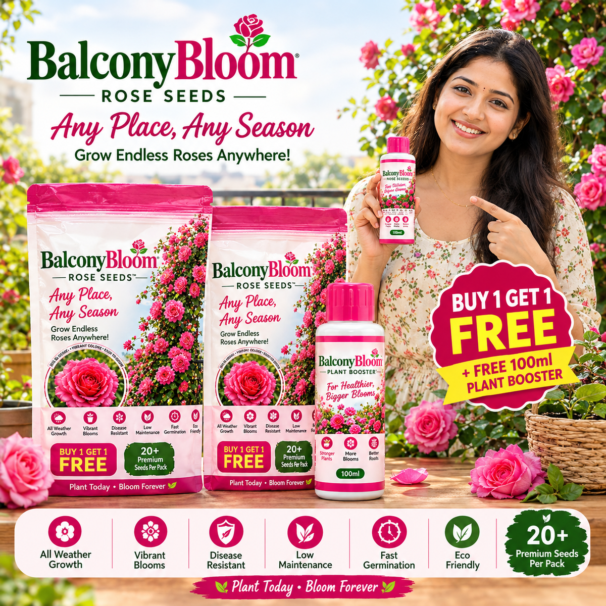 Bloom Roses Flower Seeds – Pack of 2 + Plant Booster | Beautiful Climbing Roses for Home & Garden