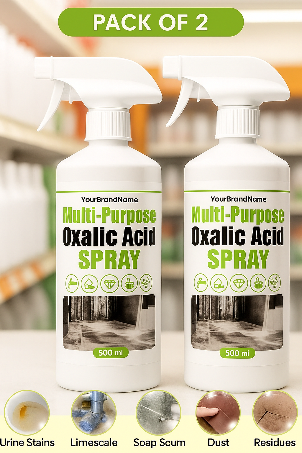 Multi-Purpose Oxalic Acid Stain Removal Spray | Bathroom, Tile & Sink Cleaner | pack of 2