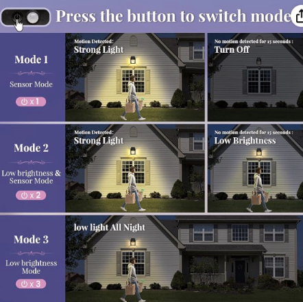 Solar Wall Lights Motion Sensor Waterproof LED 3 Modes Sconce Solar Lamp Auto Charging Exterior Security Light for Outdoor Porch, Patio, Garden, Balcony & Pathway