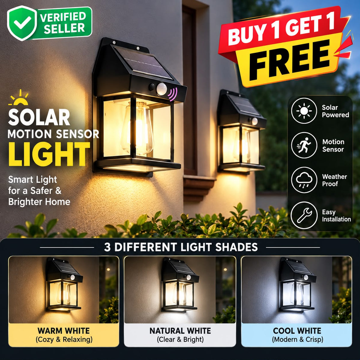 Solar Wall Lights Motion Sensor Waterproof LED 3 Modes Sconce Solar Lamp Auto Charging Exterior Security Light for Outdoor Porch, Patio, Garden, Balcony & Pathway